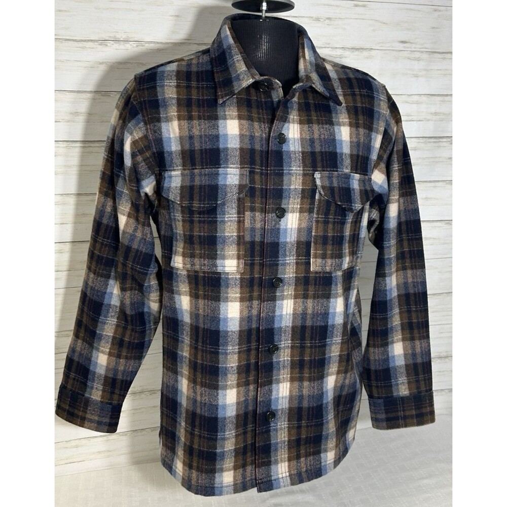 NEW! Filson Mackinaw Wool Jac Shirt Men Size MEDIUM Brown Blue Plaid Jacket Coat